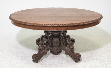 Renaissance Style Carved Oak Pedestal Base Table