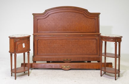Louis XVI Style Mahogany Bed with Rails & 2 Nightstands
