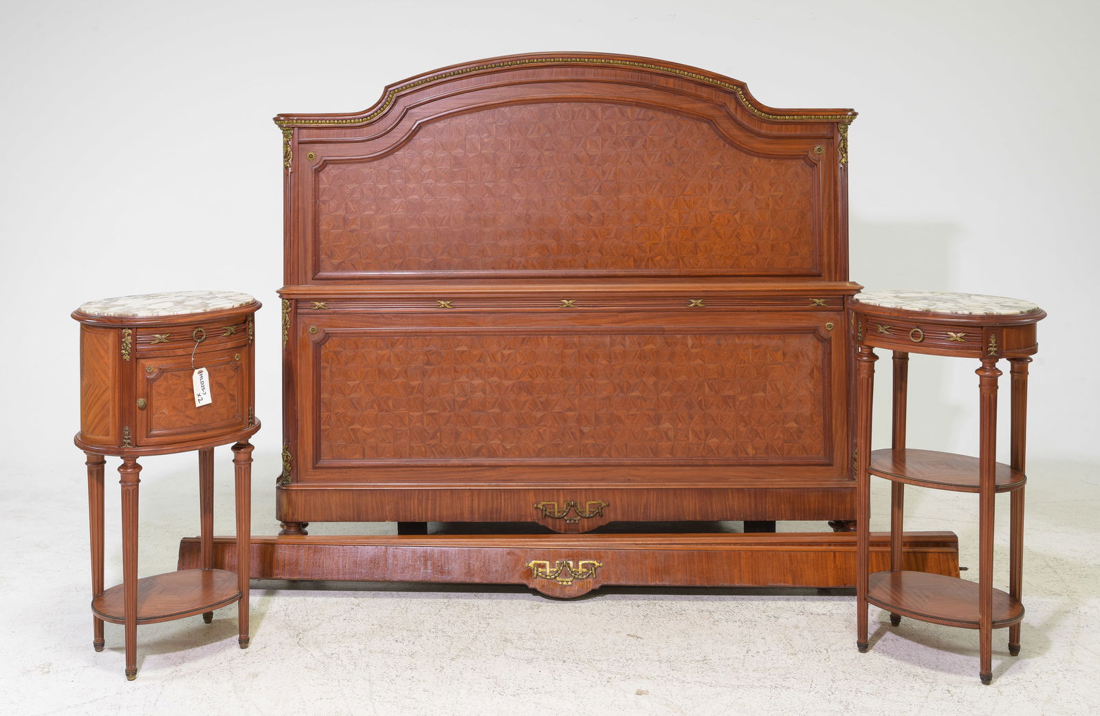Louis XVI Style Mahogany Bed with Rails & 2 Nightstands: French Louis XVI Style Mahogany Bed with Rails & 2 Inset Marble Top Oval Nightstands c.1920's-30's - Headboard is 56 in tall x 64 x 3, Rails are 78 inches long each, Nightstands are 32 in tall x 17.5