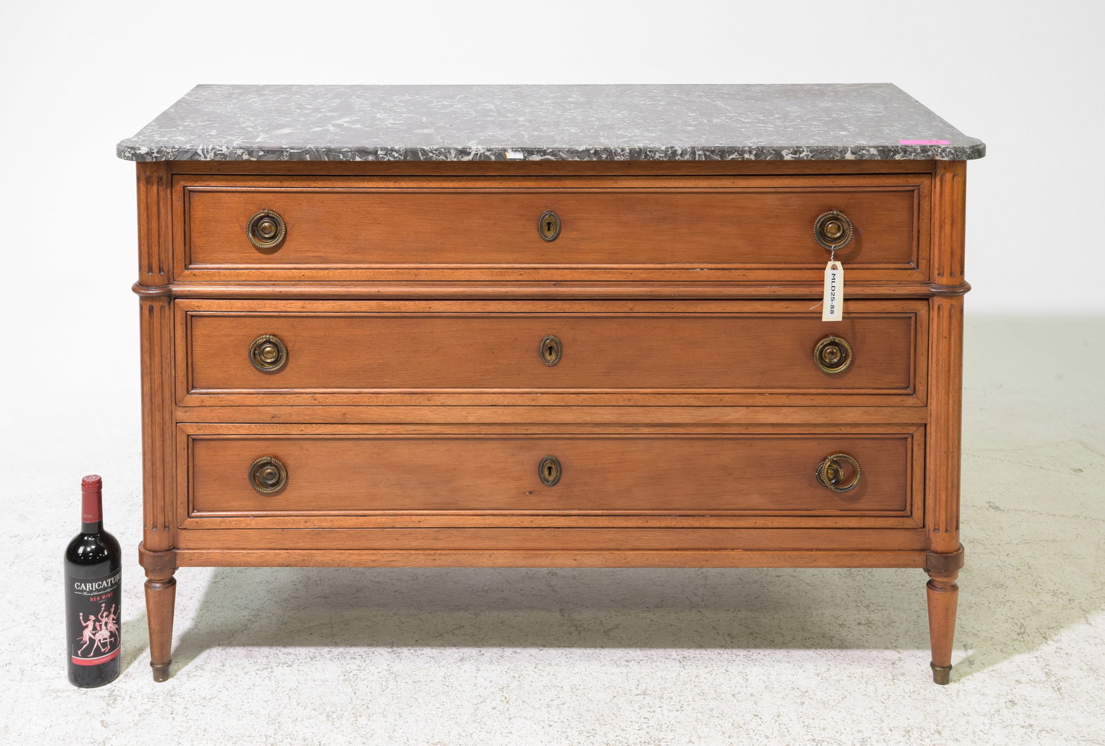 Louis XVI Style Grey Marble Top Three Drawer Chest: French Louis XVI Style Grey Marble Top Three Drawer Chest - 32 in tall x 48 x 21.5