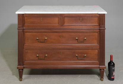 Louis XVI Style White Marble Top Three Drawer Chest