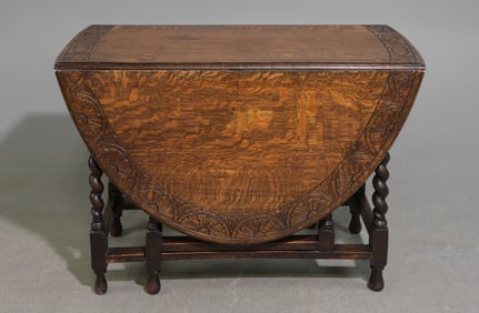 British Carved Oak Barley Twist Drop Leaf Table #1