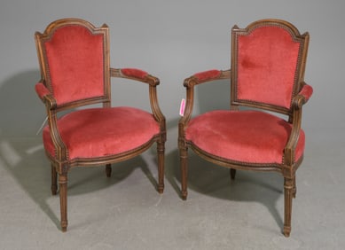 Louis XVI Style Pair of Upholstered Walnut Arm Chairs