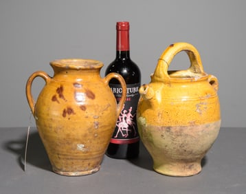 Two French Small Yellow Glazed Terracotta Pots