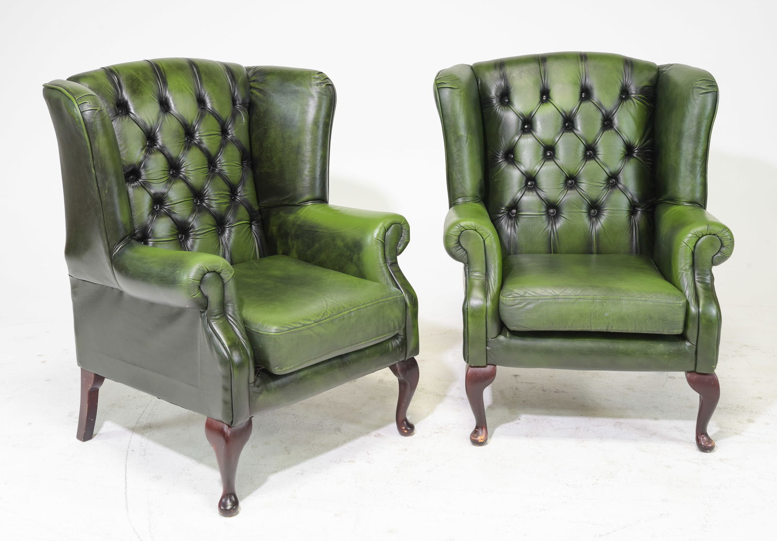 2 British Green Leather Chesterfield Arm Chairs (1 of 8)