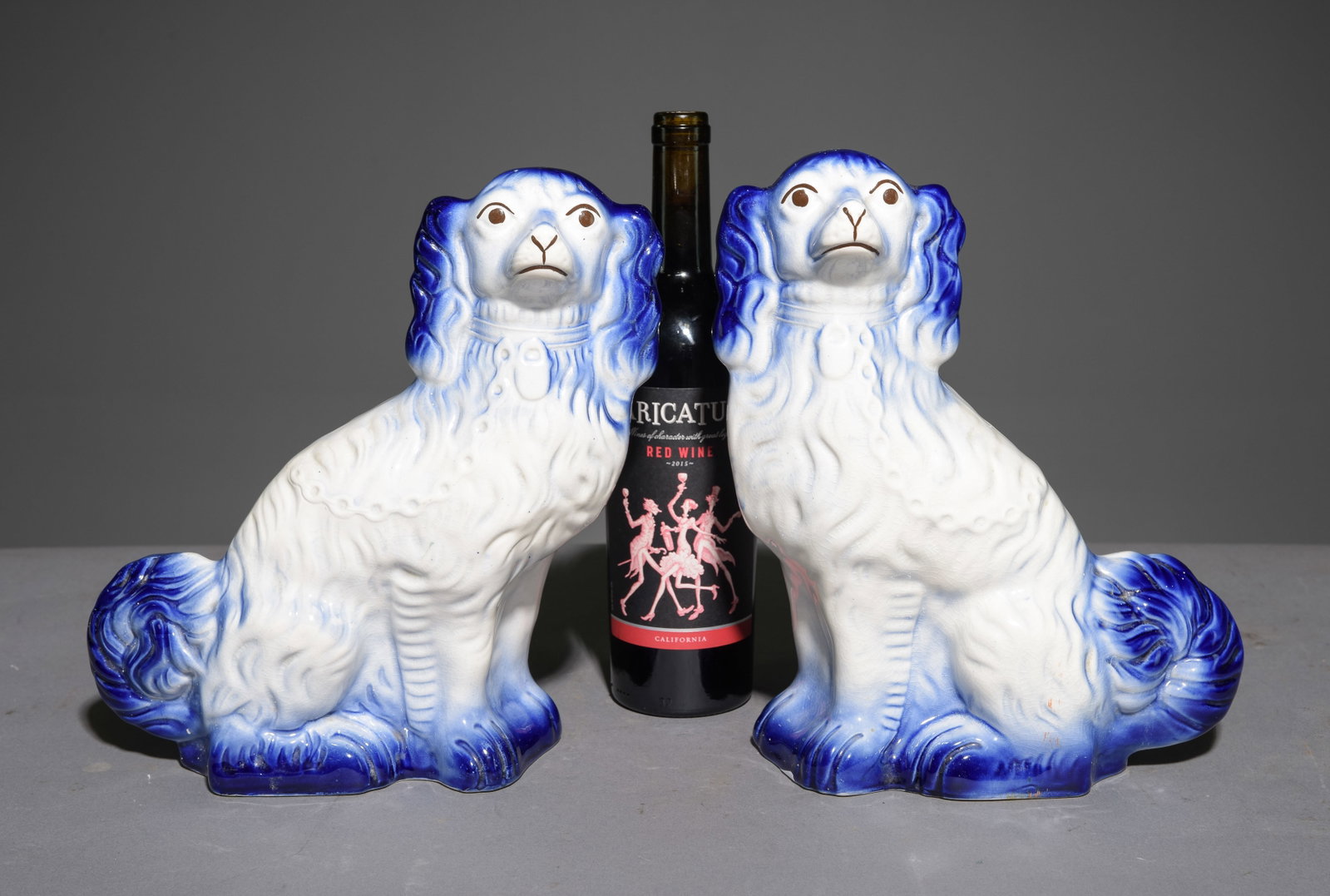 Pair of Staffordshire Ironstone Blue & White Dogs: Pair of Staffordshire King Charles Blue & White Ironstone Dogs - 11 inches tall x 9 x 4