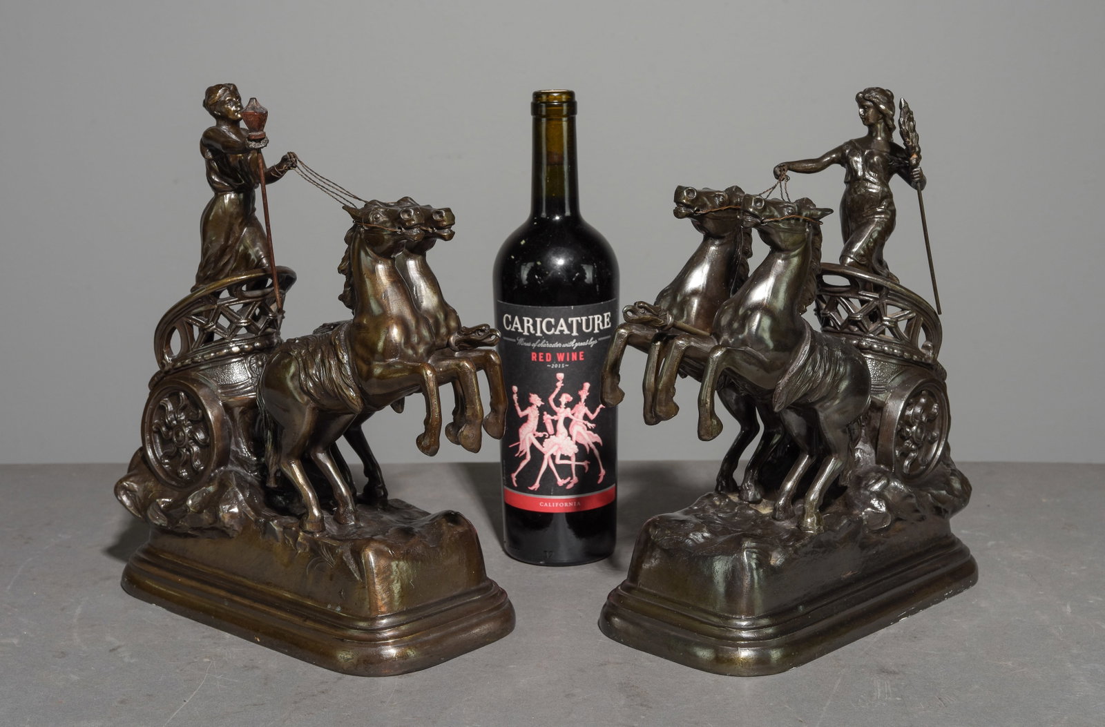 2 Art Nouveau Cast Metal Chariot Roman Figures: 2 Art Nouveau Cast Metal Chariot Roman / Grecian Figures - 12 in tall x 11 x 6 each