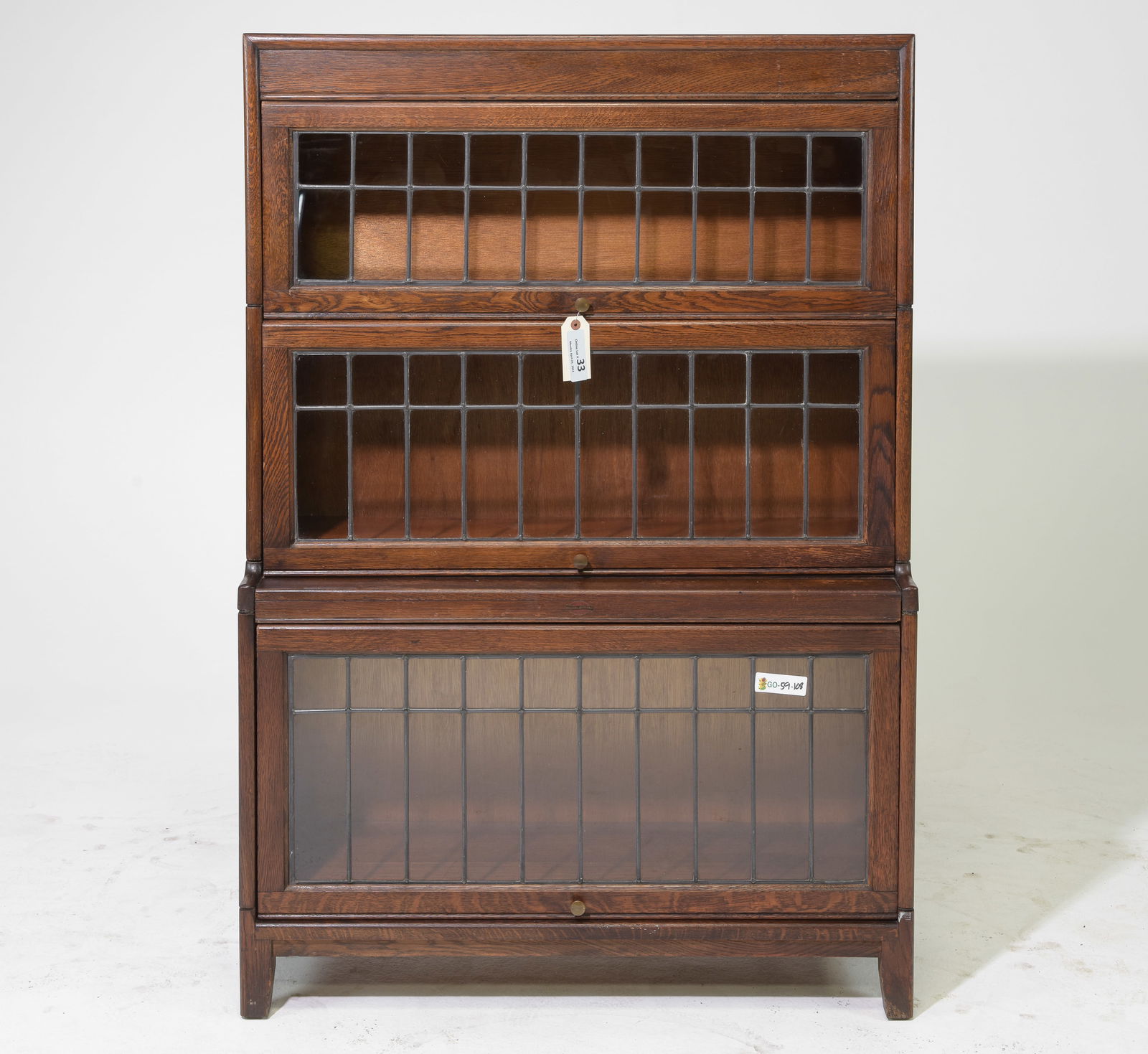 British Oak 3 Tier Leaded Glass Lawyers Bookcase (1 of 3)