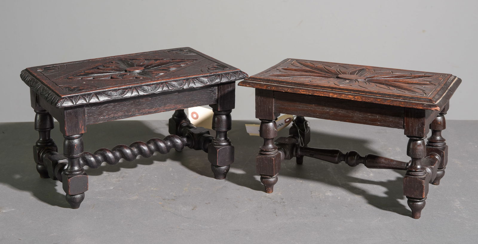 2 British Petite Carved Oak Stools c.1920's-30's (1 of 3)