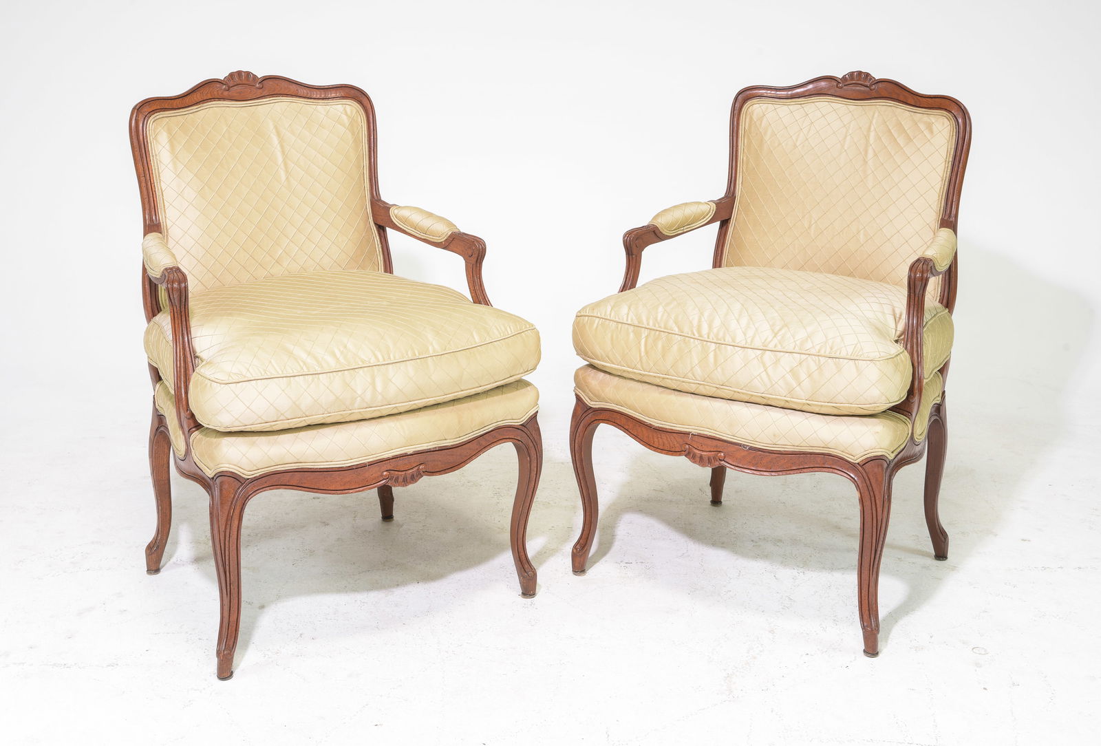 Louis XV Style Pair of Upholstered Arm Chairs: French Louis XV Style Pair of Upholstered Arm Chairs - 36.5 in tall x 25 x 26 each with a seat height of 19 inches