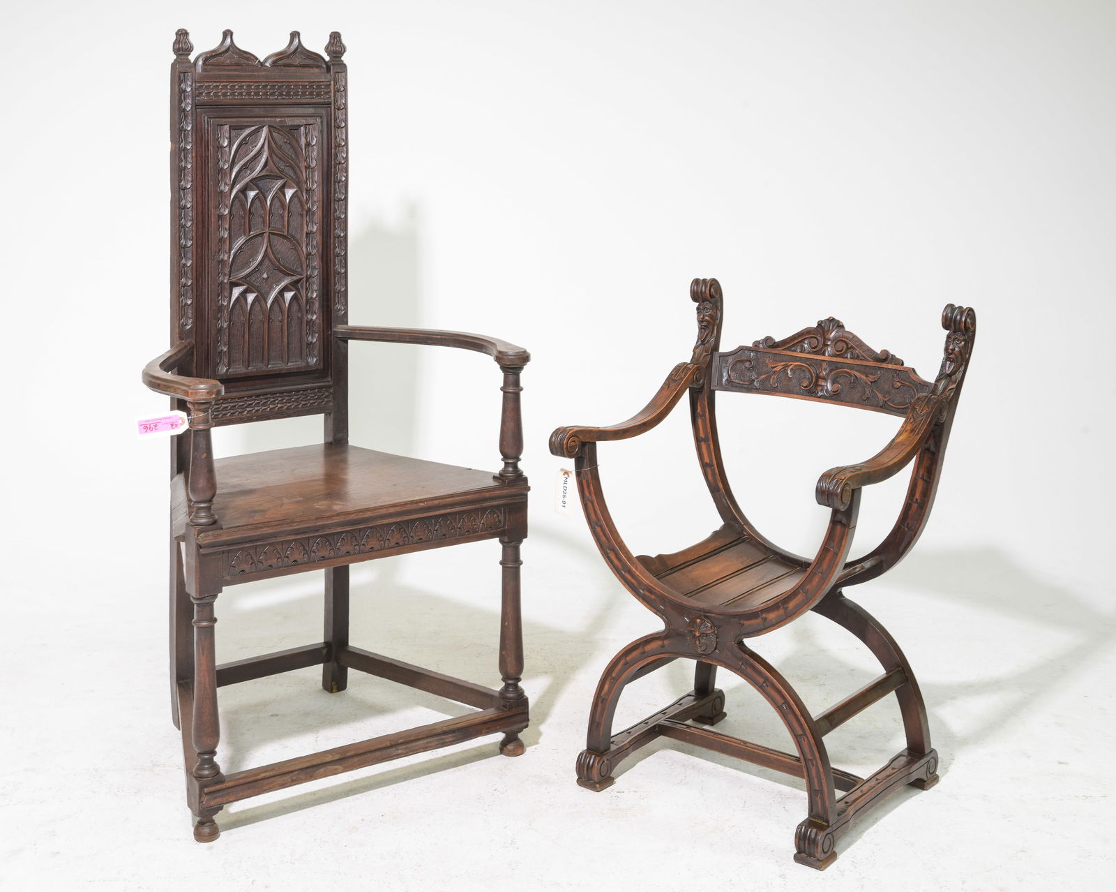 2 Renaissance Style Carved Oak Arm Chairs (1 of 6)