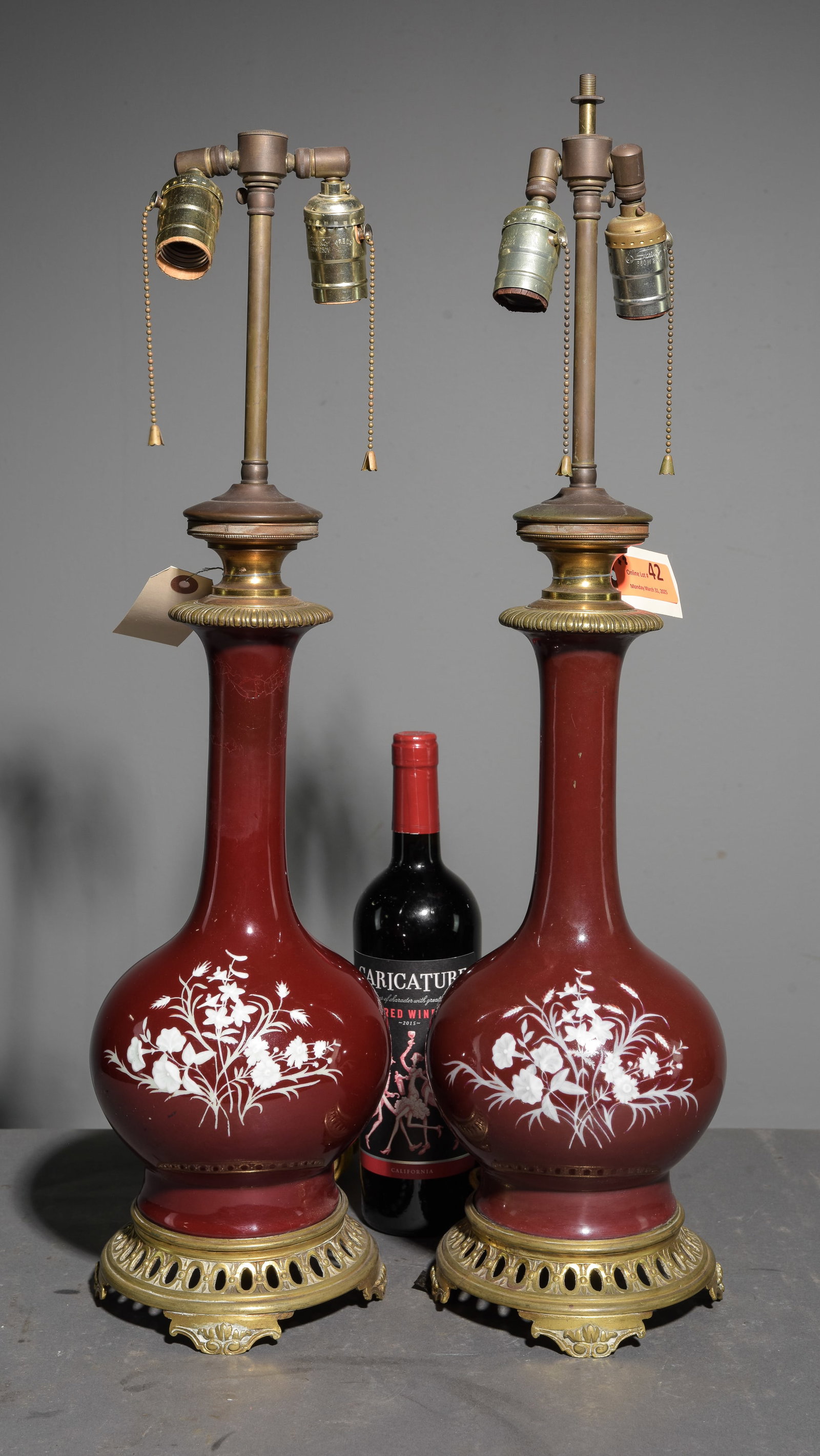 Vintage Oxblood Floral Decorated Pair of Lamps: Vintage Oxblood Floral Decorated Pair of Lamps - 27.5 in tall x 6.5 x 6.5 each - These are American wired