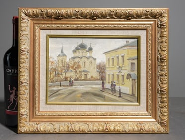 Danish Gold Framed Oil on Board Street Scene