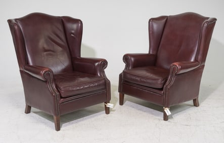 2 Danish Brown Leather Wing Back Arm Chairs