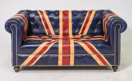 Union Jack Leather Button Tufted Loveseat