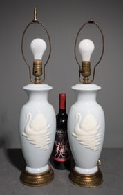 Pair of Porcelain Swan Decorated Lamps