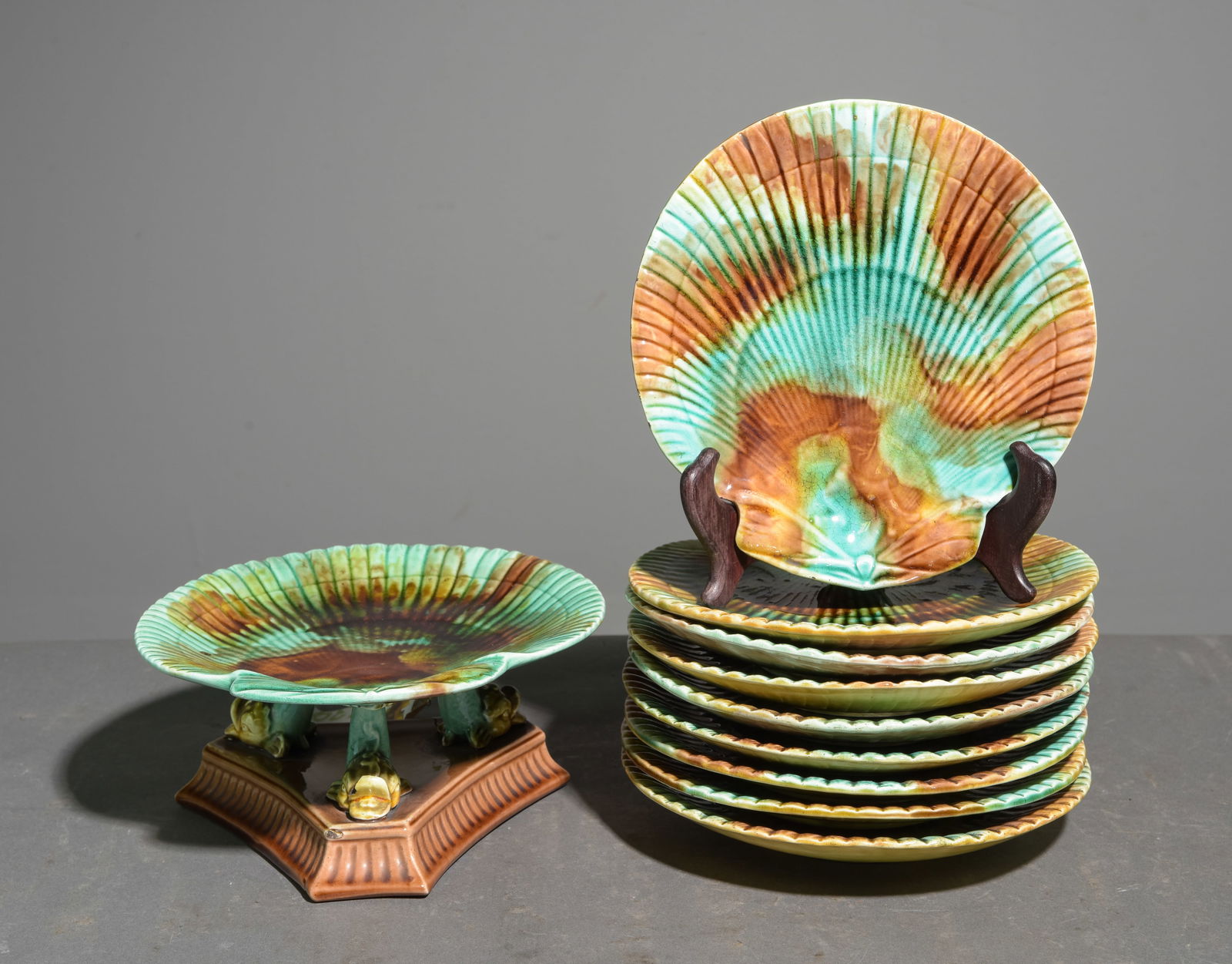 10pc French Majolica Plates & Dolphin Stand (1 of 5)