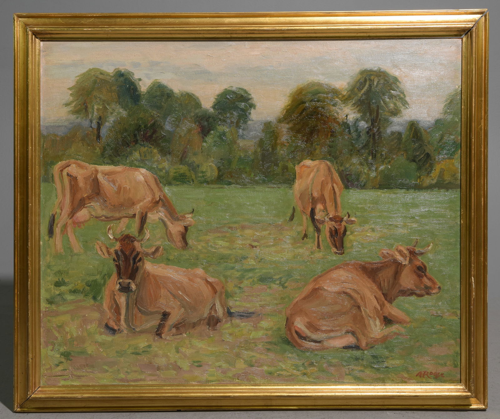 A. Roose Gold Framed Oil on Board Cows in Field (1 of 4)