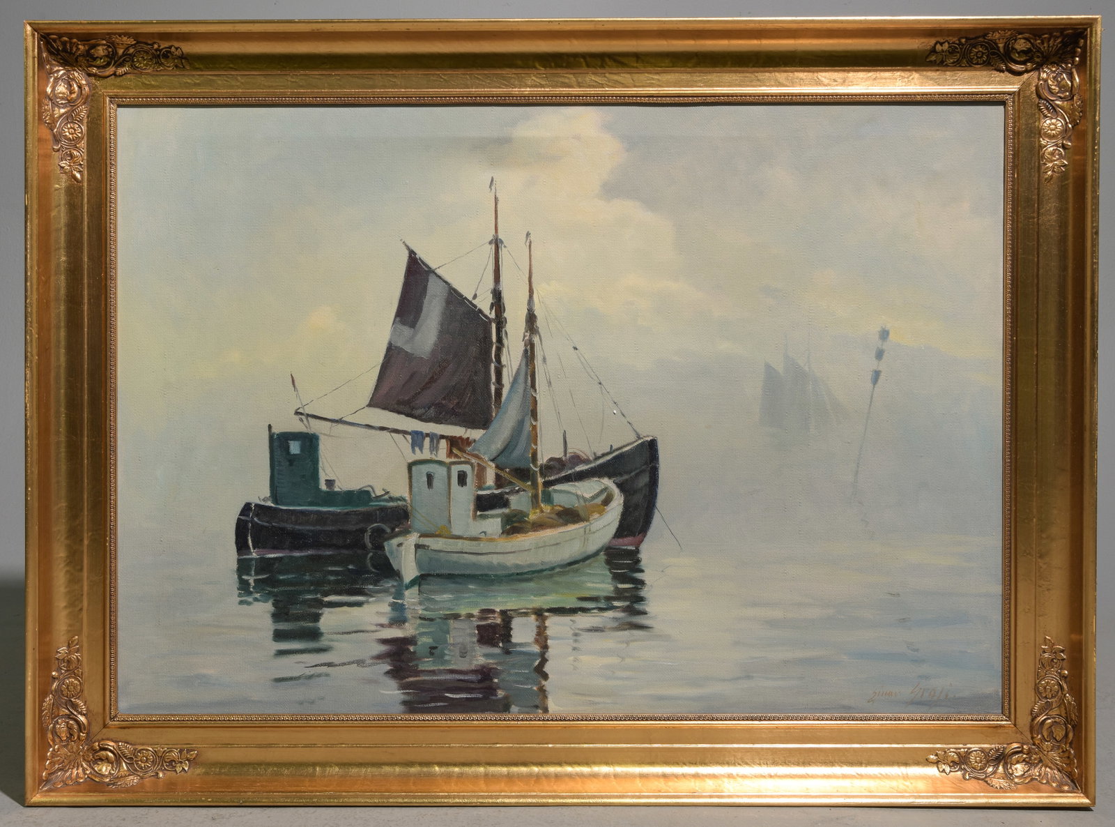 Gold Framed Oil on Canvas - Boats at Sea: Gold Framed Oil on Canvas - Boats at Sea - 33 in tall x 45 x 3, The work itself is 27 x 39 - This is artist signed