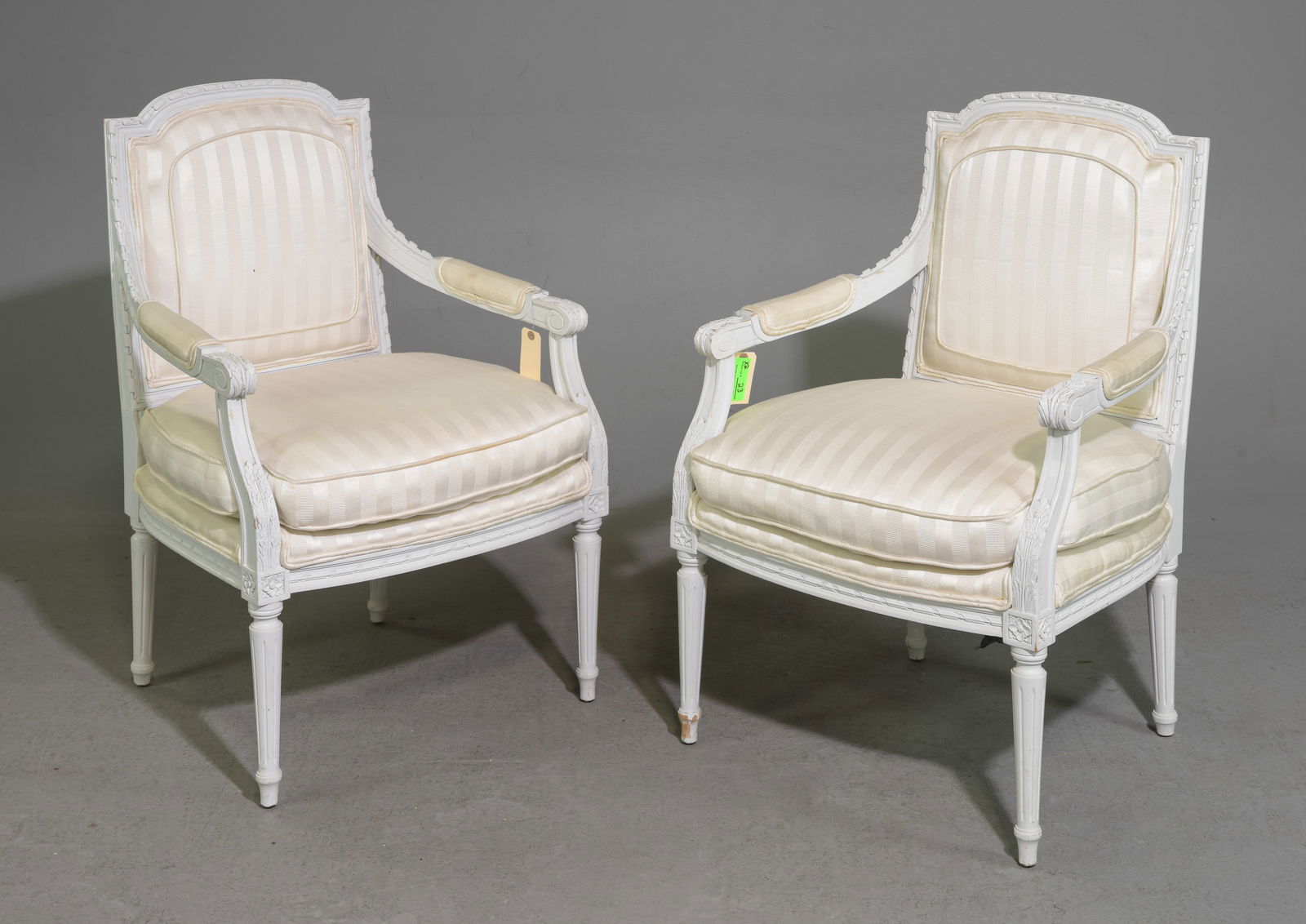 Louis XVI Style Pair of Painted Arm Chairs: French Louis XVI Style Pair of Painted Arm Chairs - 36 in tall x 23 x 23.5 each with a seat height of 18 inches