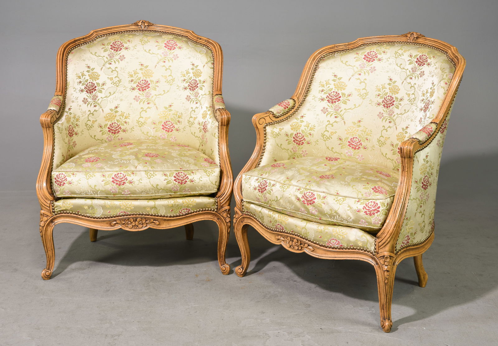 2 Louis XV Style Upholstered Arm Chairs: 2 French Louis XV Style Floral Upholstered Arm Chairs - 34 in tall x 27 x 21, Seat height is 15 inches