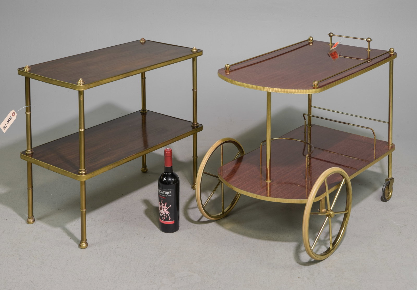 French Mahogany Veneered Trolley & Occasional Table: French Mahogany Veneered Trolley & Occasional Table - 25 in tall x 30 x 17 and 24 in tall x 14 x 27