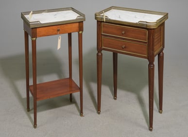 2 Louis XVI Style White Marble Top Occasional Tables