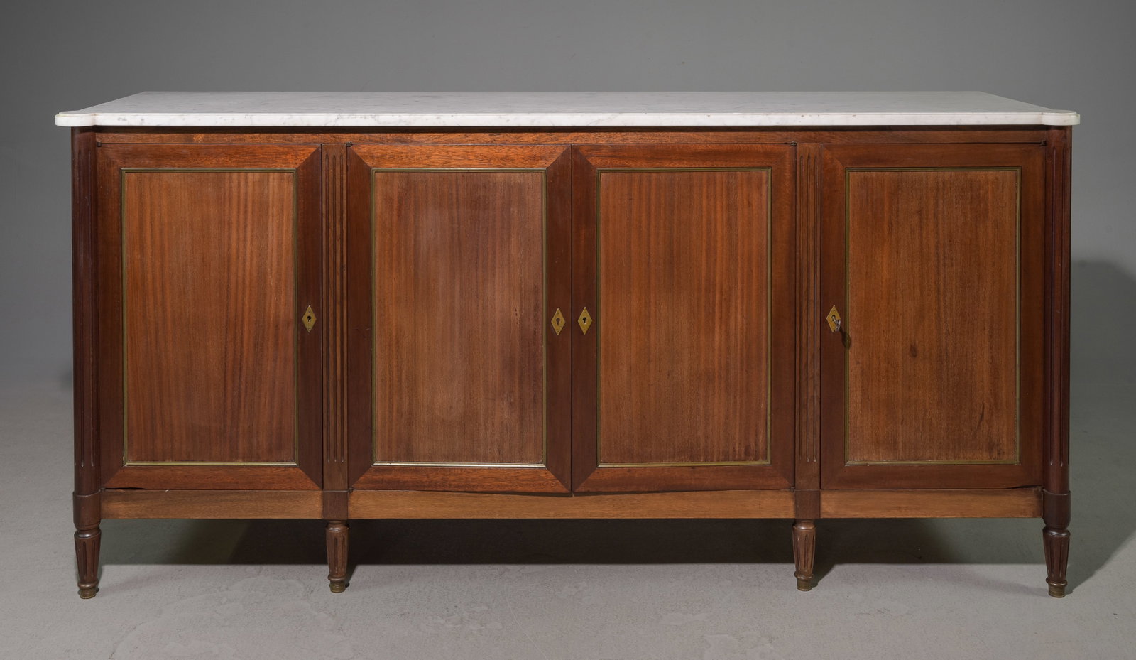 Louis XVI Style White Marble Top Mahogany Sideboard #2: French Louis XVI Style White Marble Top Mahogany Sideboard / Enfilade - 40 in tall x 82 x 22