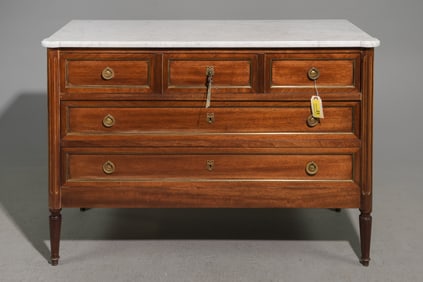 Louis XVI Style White Marble Top Mahogany Chest #1