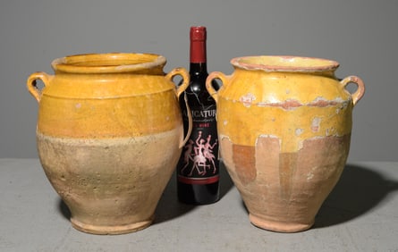 2 French Yellow Glazed Confit Pots #1