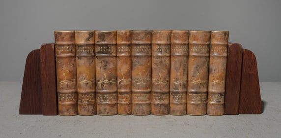 9 Assorted Leather Bound Books & A Pair Of Bookends