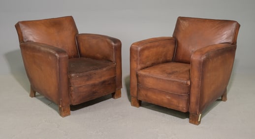 Pair of French Brown Leather Club Chairs