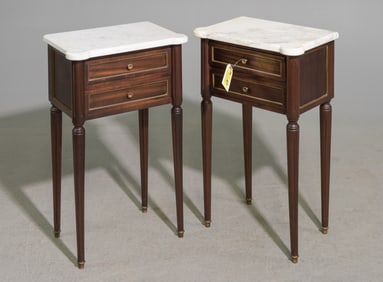 2 Louis XVI Style White Marble Top Occasional Tables