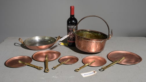 7 Assorted Polished Copper Pan, Lids, ETC.