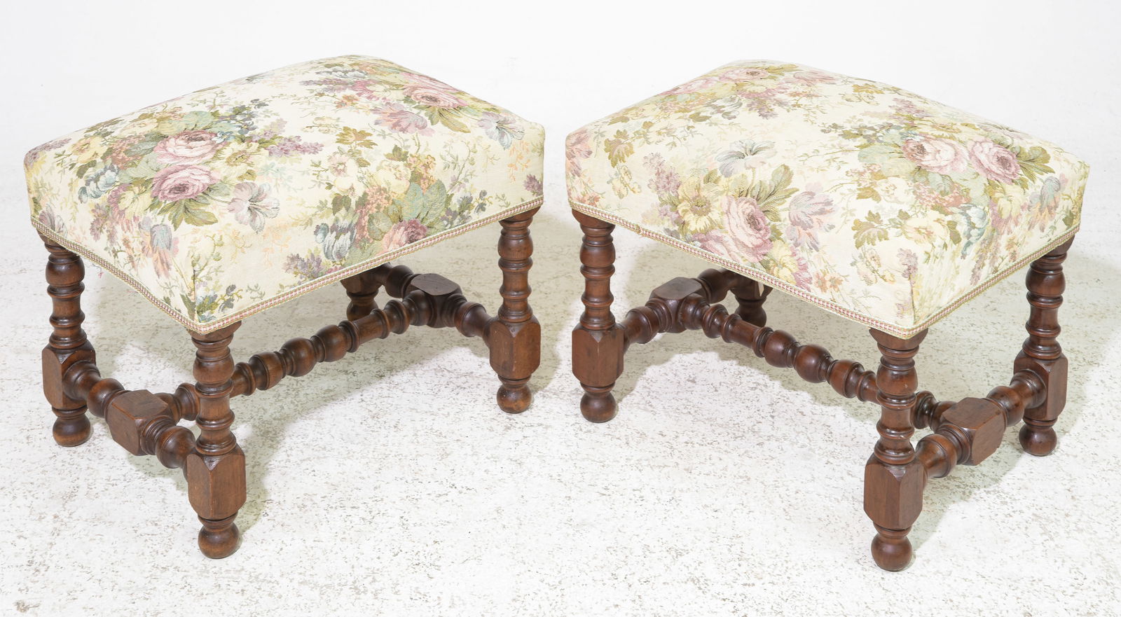 Pair Of Louis XIII Style Upholstered Walnut Stools (1 of 5)