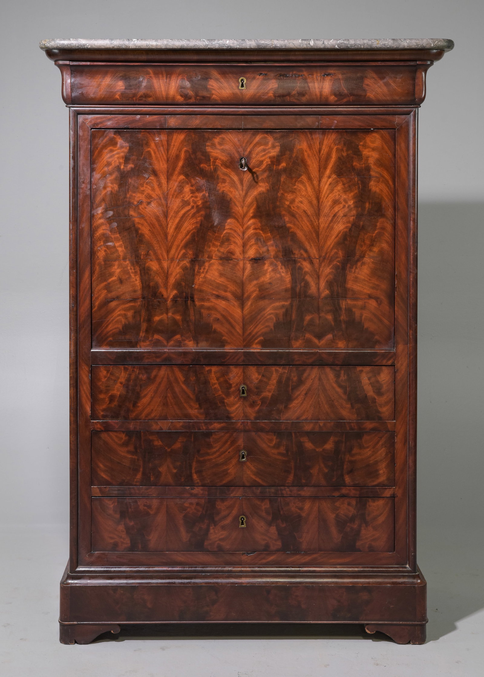 Louis Philippe Style Grey Marble Top Secretary Abattant: French Louis Philippe Style Grey Marble Top Mahogany Secretary Abattant - 58 in tall x 40 x 18.5