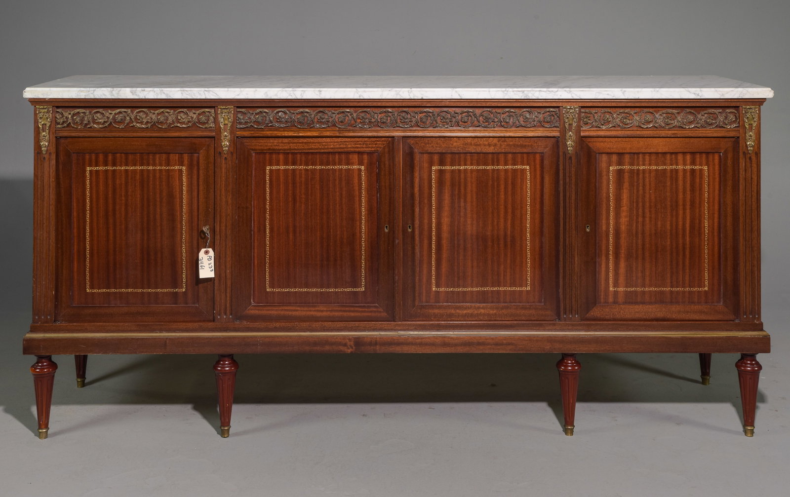 Louis XVI Style White Marble Top Sideboard: French Louis XVI Style White Marble Top Mahogany Sideboard / Enfilade - 40 in tall x 83 x 20