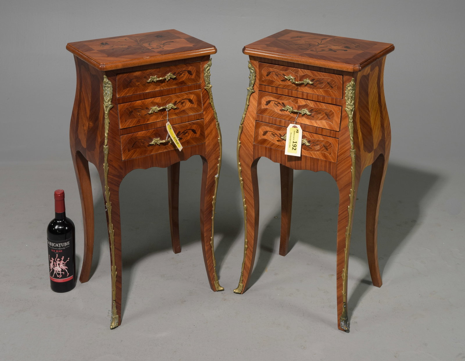 Louis XV Style Pair of Inlaid Three Drawer Chests: French Louis XV Style Pair of Inlaid Three Drawer Occasional Chests / Nightstands - 30 in tall x 14 x 11.5 each