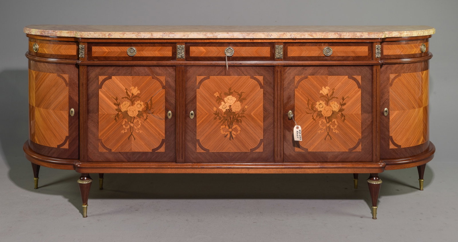 Louis XVI Style Marble Top Inlaid Sideboard: French Louis XVI Style Marble Top Inlaid Sideboard / Enfilade c.1930's-40's - 41 in tall x 98.5 x 22