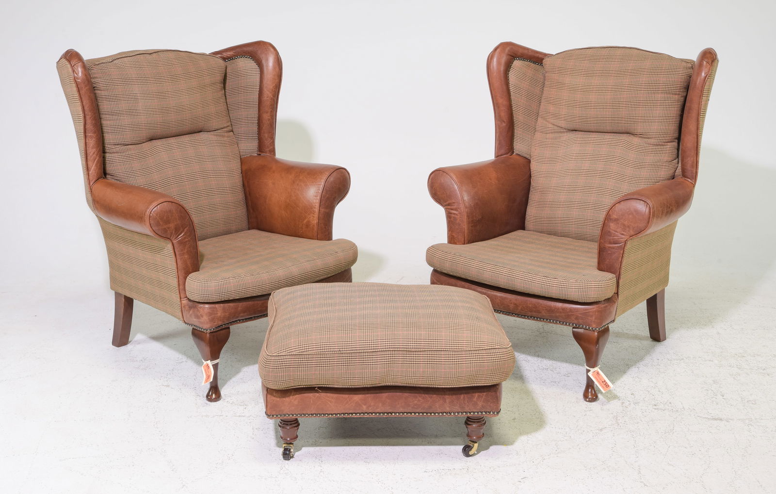 2 Danish Cognac Leather Wing  Back Arm Chairs & Ottoman (1 of 7)