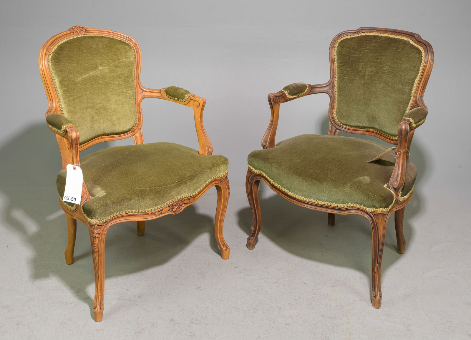 2 Louis XV Style Green Upholstered Arm Chairs: 2 French Louis XV Style Green Upholstered Arm Chairs - 33 in tall x 24 x 23 with a seat height of 16 inches