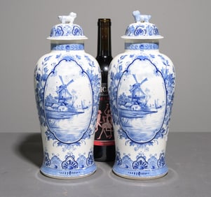 Two Small Blue & White Lidded Urns