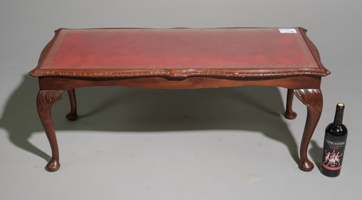 English Mahogany Red Leather & Glass Top Coffee Table