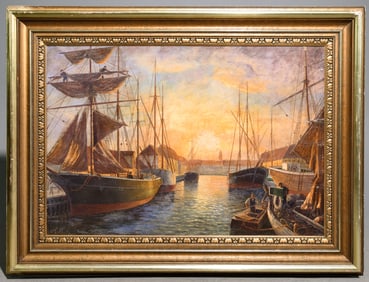 Antique Large Framed Oil on Canvas - Harbor