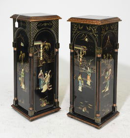 2 Black Lacquered Asian Decorated Pedestal Cabinets