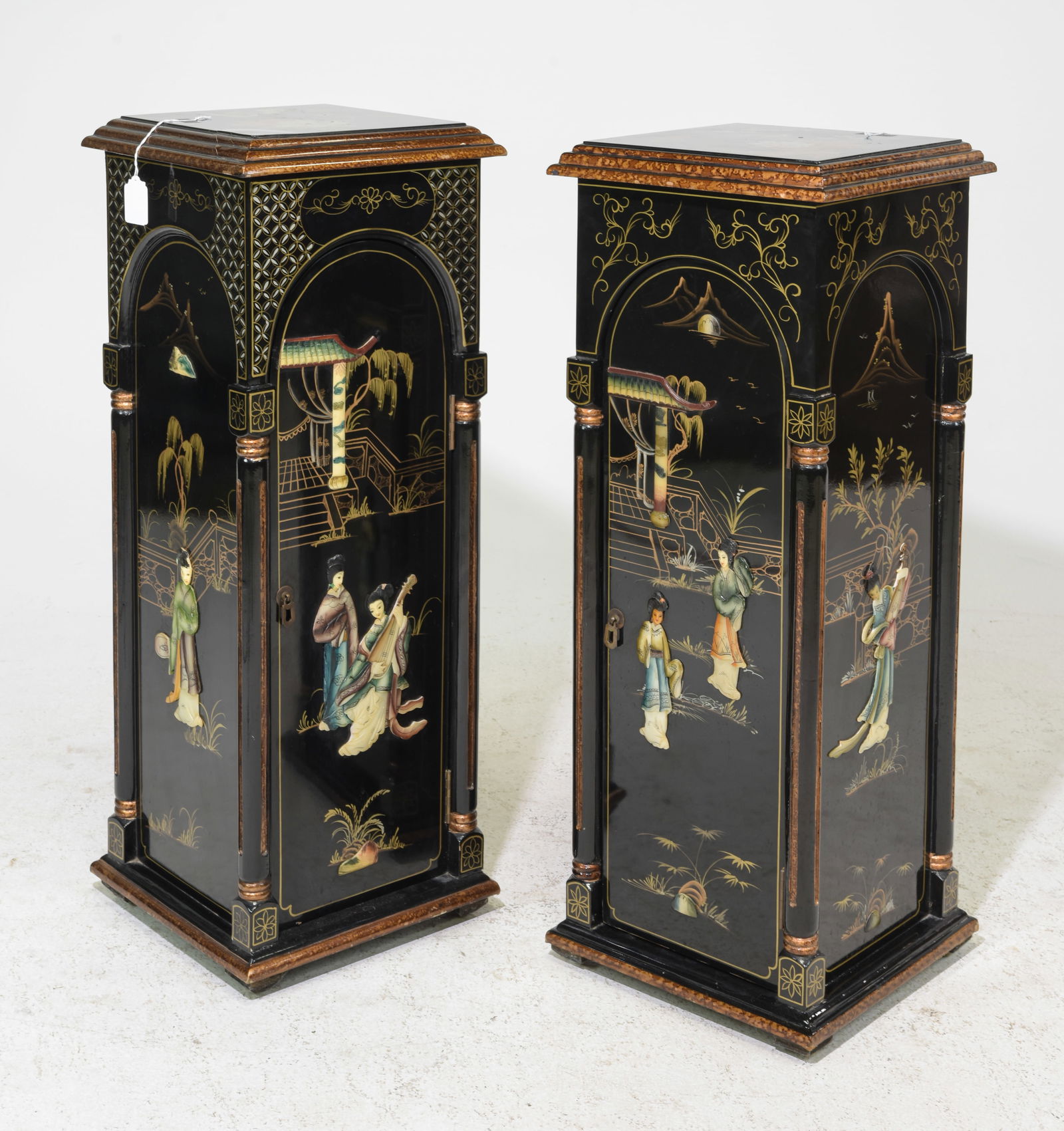 2 Black Lacquered Asian Decorated Pedestal Cabinets (1 of 7)