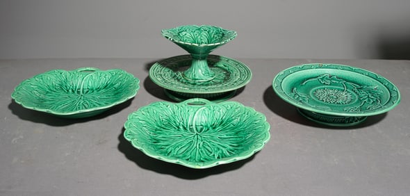 5pcs Assorted Green Majolica Plates & Bowls