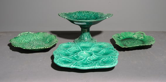 4pcs Green Majolica Compote & Plates