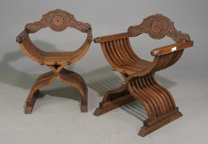 2 Italian Style Finely Carved Oak Savonarola Chairs #1