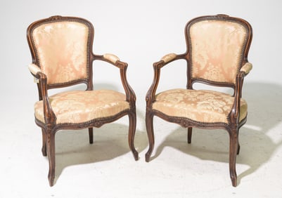Louis XV Style Pair of Walnut Upholstered Arm Chairs